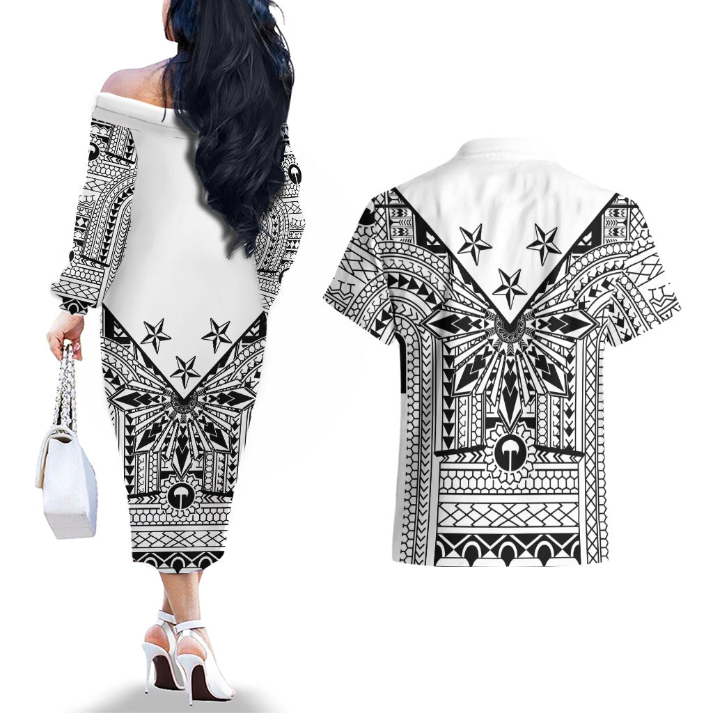 White Philippines Sun Star Couples Matching Off The Shoulder Long Sleeve Dress and Hawaiian Shirt Igorot Tribal Inspiration LT05 - Polynesian Pride
