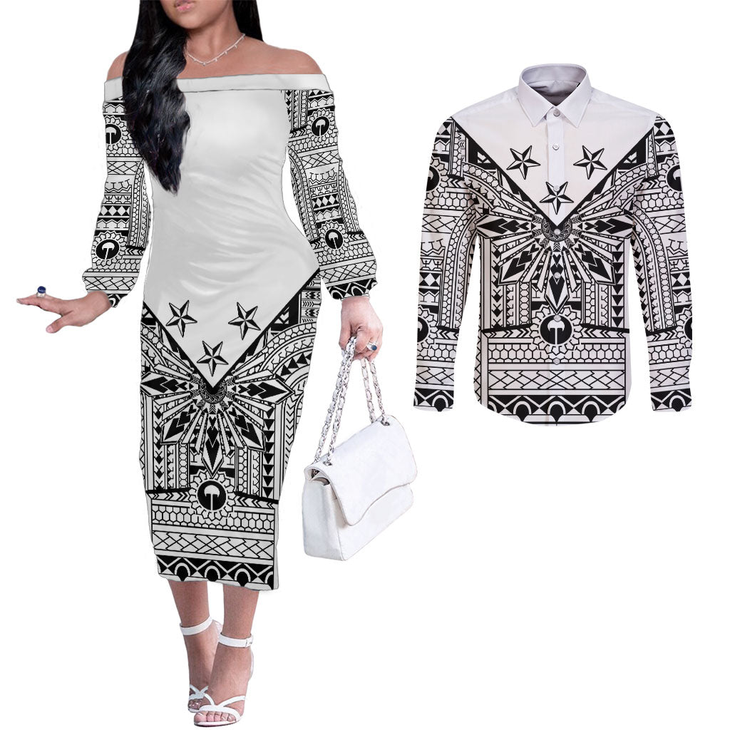 White Philippines Sun Star Couples Matching Off The Shoulder Long Sleeve Dress and Long Sleeve Button Shirt Igorot Tribal Inspiration LT05 White - Polynesian Pride
