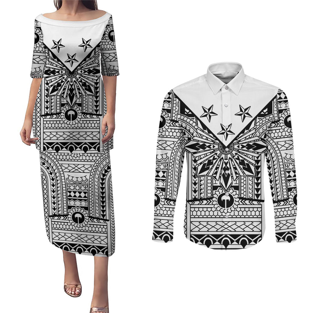 White Philippines Sun Star Couples Matching Puletasi and Long Sleeve Button Shirt Igorot Tribal Inspiration