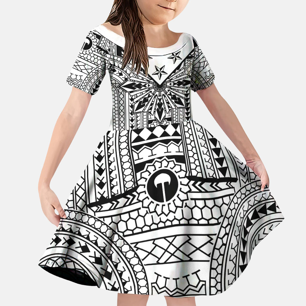 White Philippines Sun Star Family Matching Long Sleeve Bodycon Dress and Hawaiian Shirt Igorot Tribal Inspiration LT05 Daughter's Dress White - Polynesian Pride