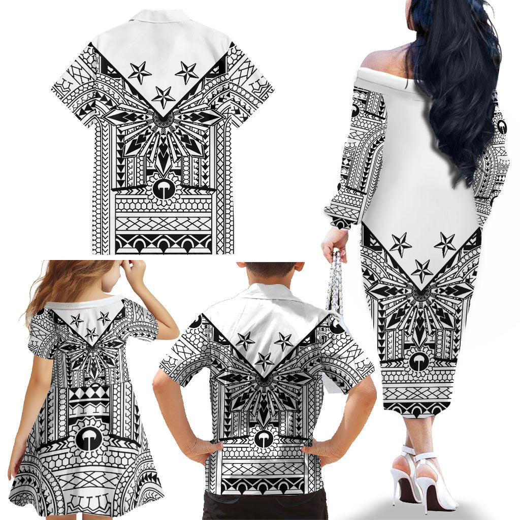 White Philippines Sun Star Family Matching Off The Shoulder Long Sleeve Dress and Hawaiian Shirt Igorot Tribal Inspiration LT05 - Polynesian Pride