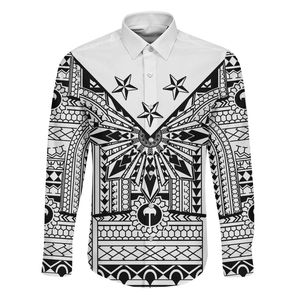 White Philippines Sun Star Family Matching Puletasi and Hawaiian Shirt Igorot Tribal Inspiration LT05 Dad's Shirt - Long Sleeve White - Polynesian Pride