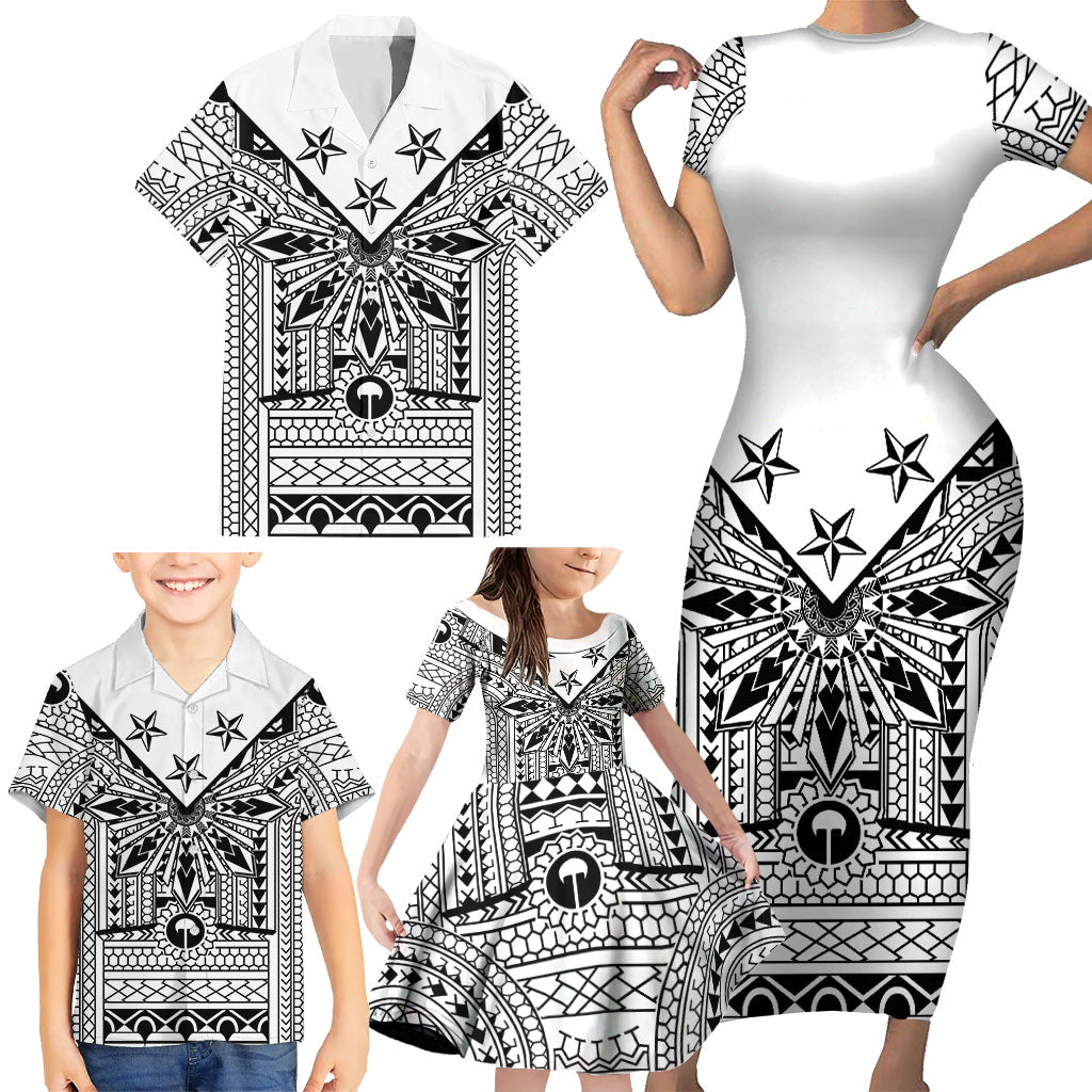 White Philippines Sun Star Family Matching Short Sleeve Bodycon Dress and Hawaiian Shirt Igorot Tribal Inspiration LT05 - Polynesian Pride