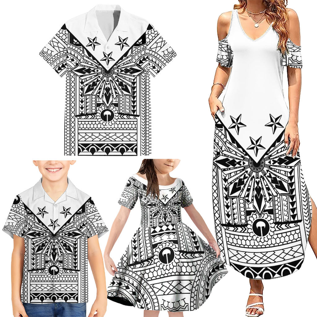 White Philippines Sun Star Family Matching Summer Maxi Dress and Hawaiian Shirt Igorot Tribal Inspiration