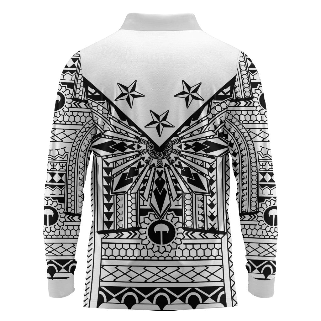 White Philippines Sun Star Long Sleeve Polo Shirt Igorot Tribal Inspiration