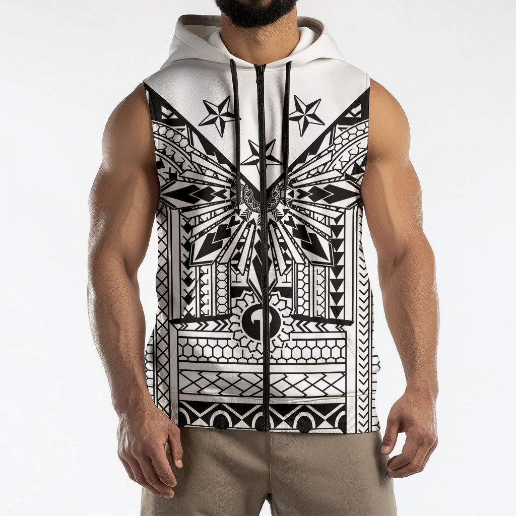 White Philippines Sun Star Sleeveless Zip Hoodie Igorot Tribal Inspiration