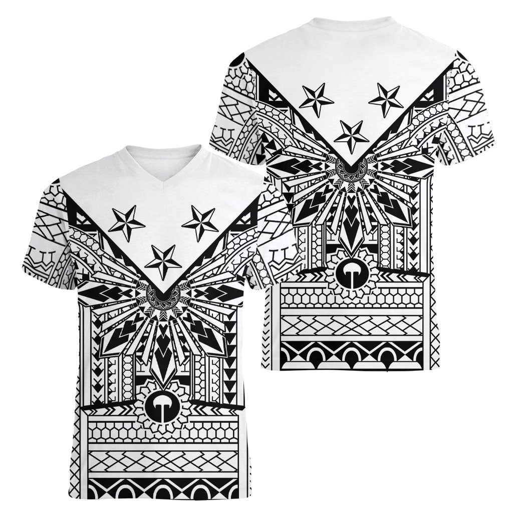 White Philippines Sun Star Women V-Neck T-Shirt Igorot Tribal Inspiration