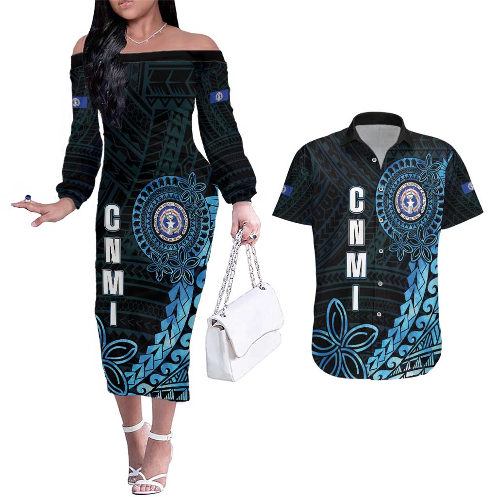 Personalized Northern Mariana Islands 78th Liberation Day Couples Matching Off The Shoulder Long Sleeve Dress and Hawaiian Shirt LT05 Blue - Polynesian Pride