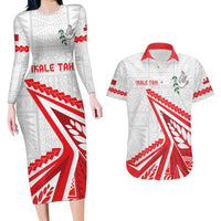 Custom Tonga Rugby 2024 Pacific Couples Matching Long Sleeve Bodycon Dress and Hawaiian Shirt Go Ikale Tahi LT05 White - Polynesian Pride