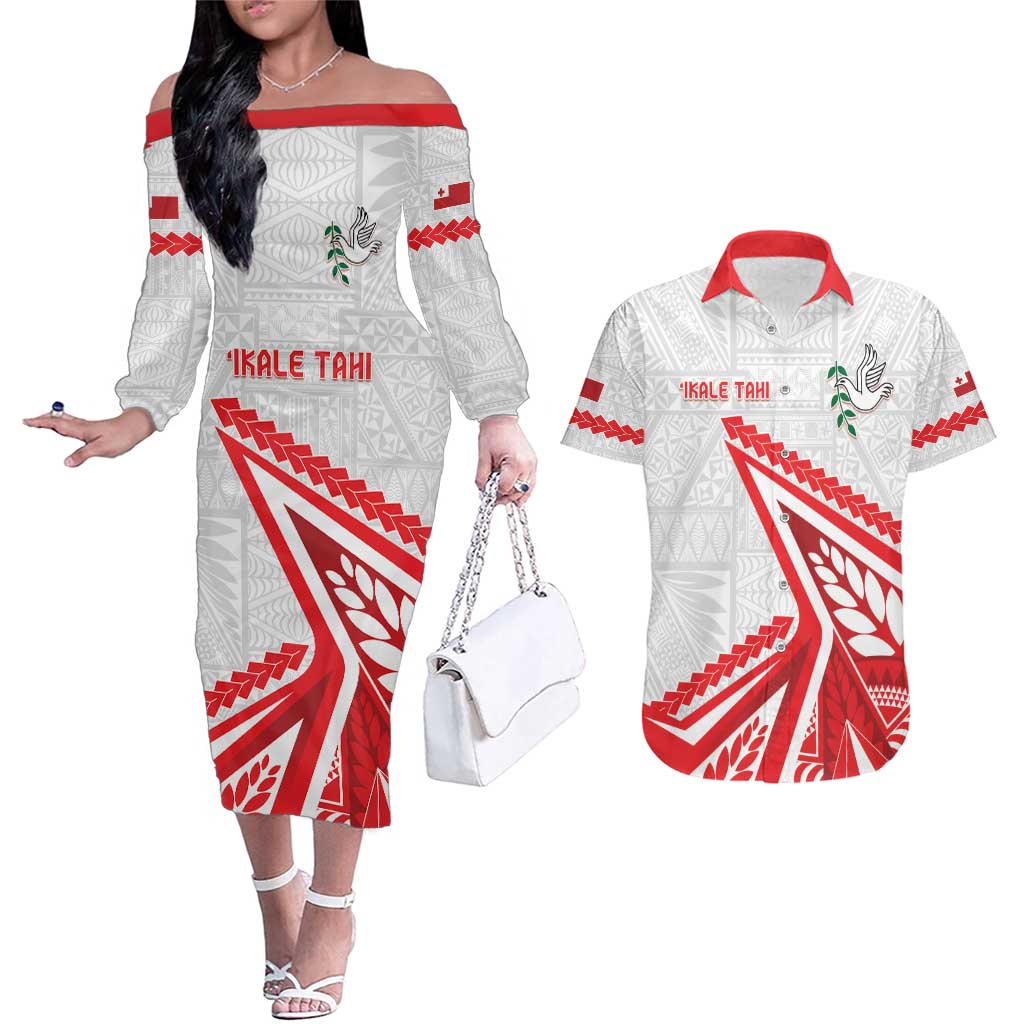 Custom Tonga Rugby 2024 Pacific Couples Matching Off The Shoulder Long Sleeve Dress and Hawaiian Shirt Go Ikale Tahi LT05 White - Polynesian Pride