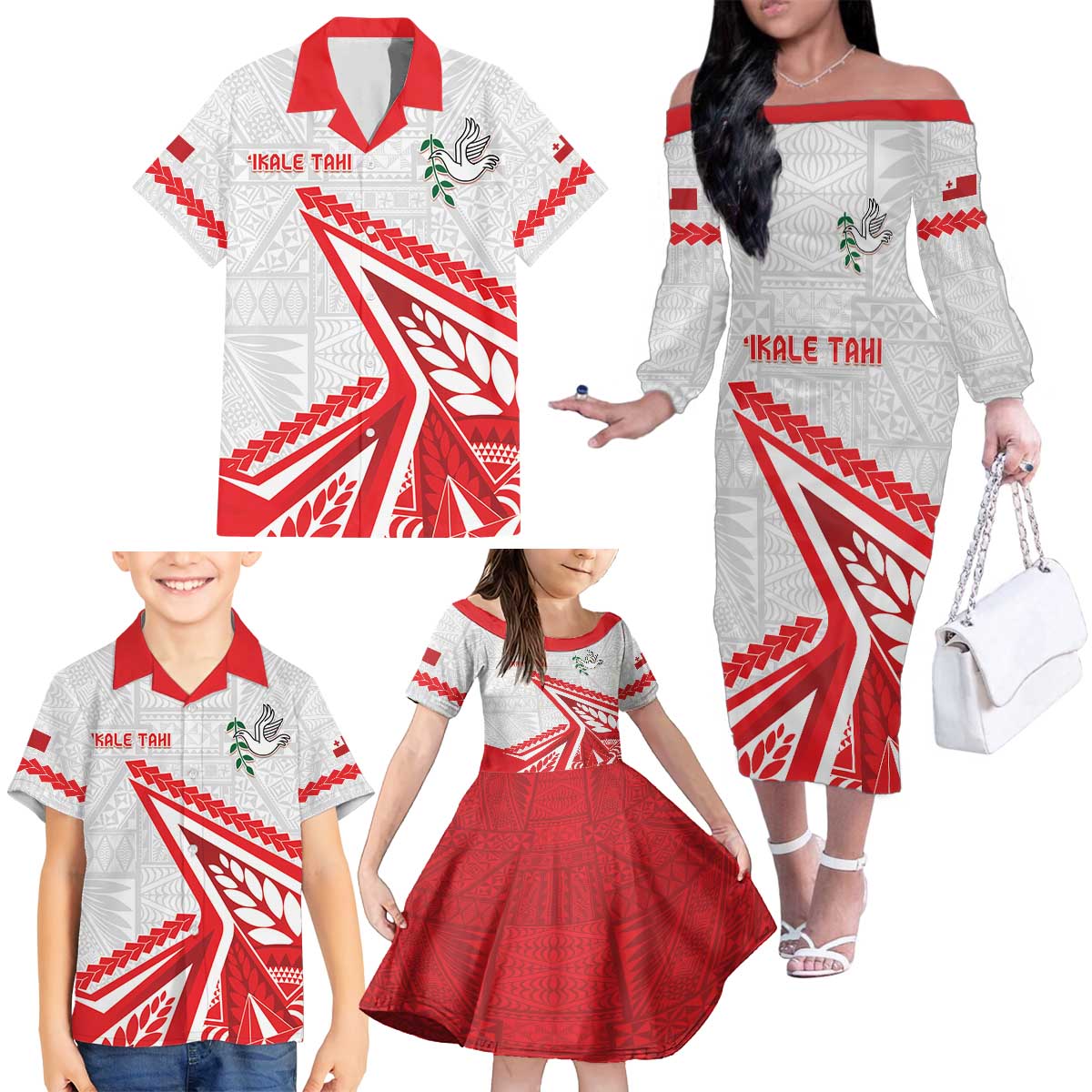 Custom Tonga Rugby 2024 Pacific Family Matching Off The Shoulder Long Sleeve Dress and Hawaiian Shirt Go Ikale Tahi LT05 - Polynesian Pride