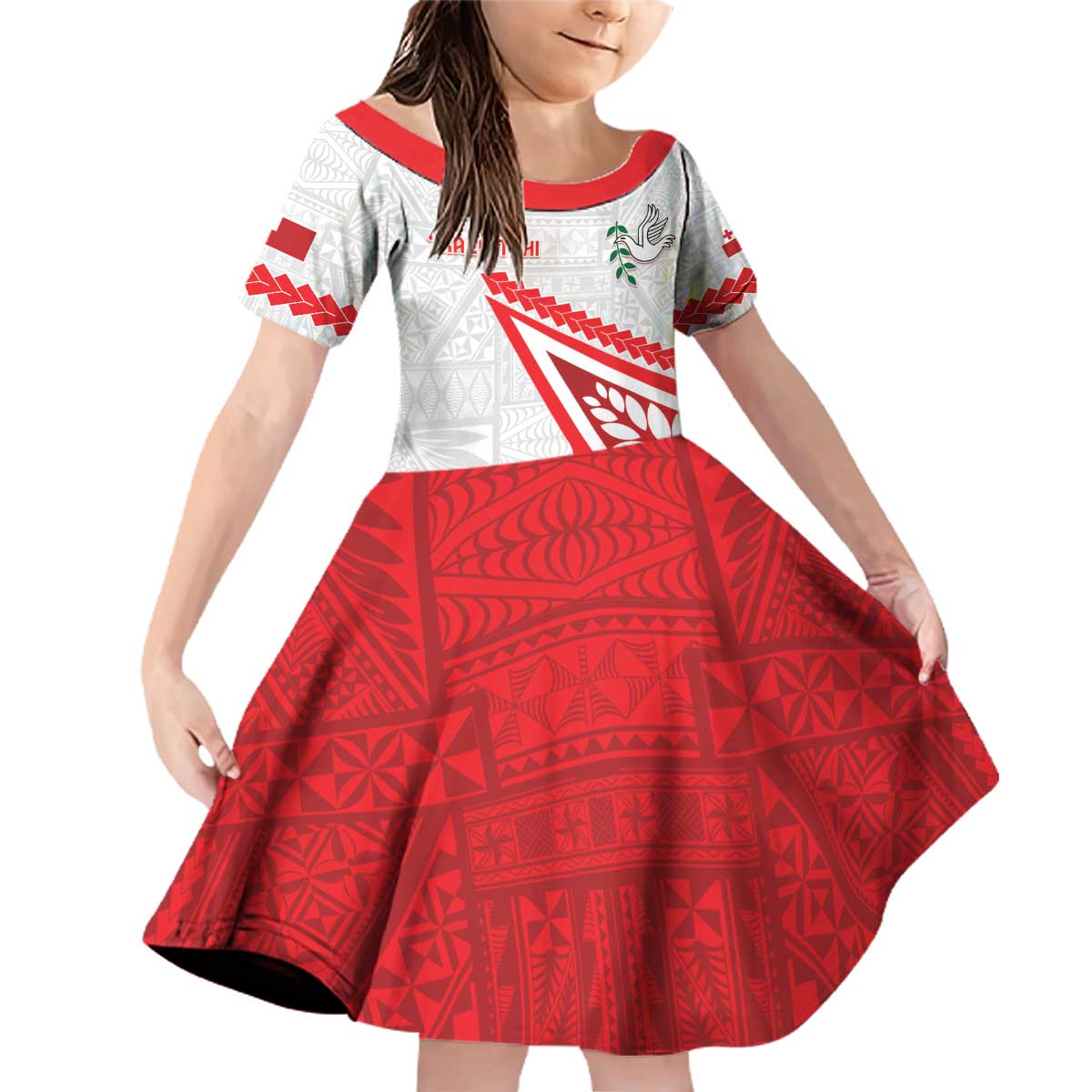 Custom Tonga Rugby 2024 Pacific Family Matching Off Shoulder Short Dress and Hawaiian Shirt Go Ikale Tahi LT05 Daughter's Dress White - Polynesian Pride