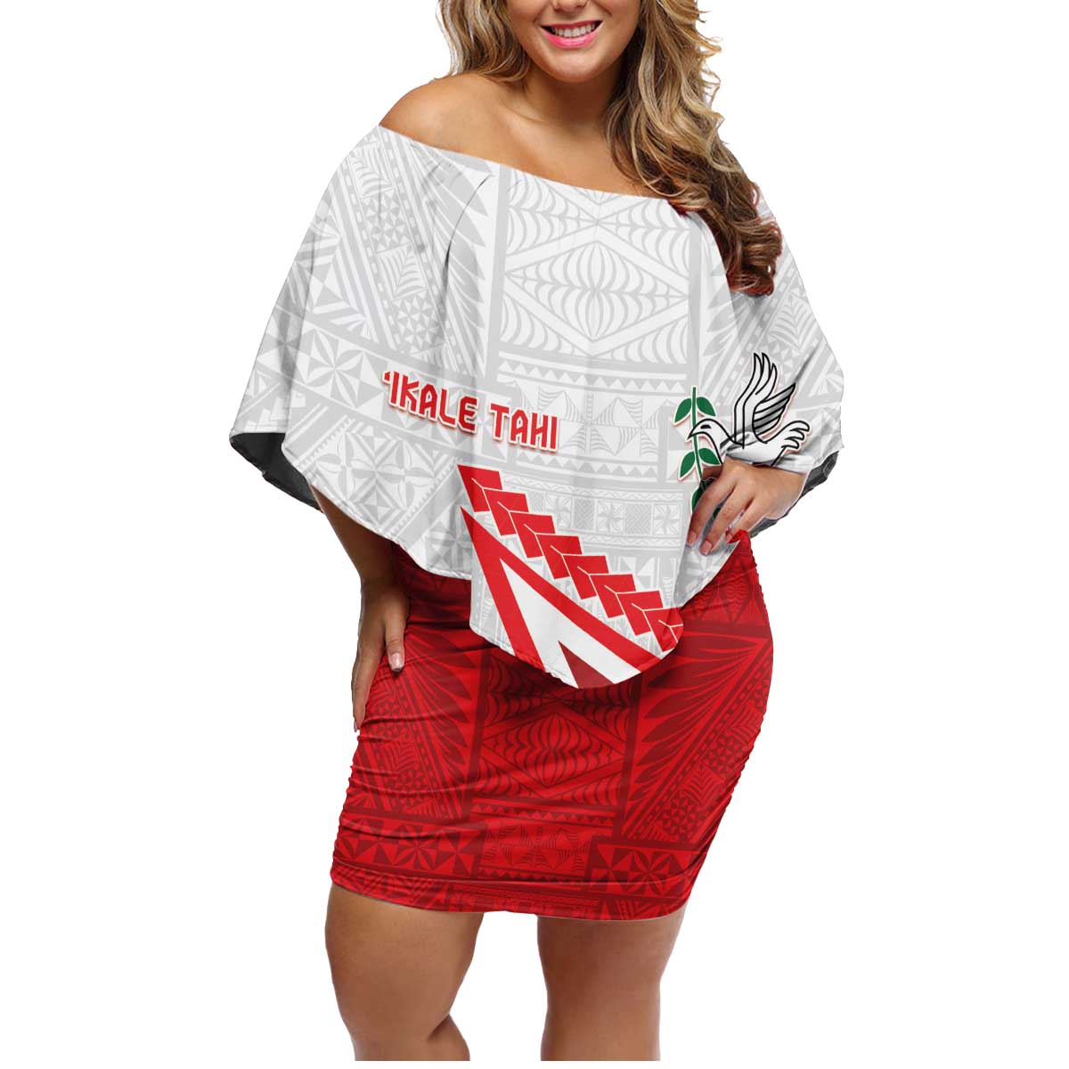 Custom Tonga Rugby 2024 Pacific Family Matching Off Shoulder Short Dress and Hawaiian Shirt Go Ikale Tahi LT05 Mom's Dress White - Polynesian Pride