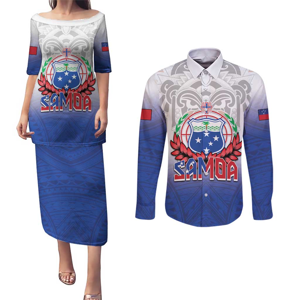 Custom Samoa Rugby 2024 Pacific Couples Matching Puletasi and Long Sleeve Button Shirt Go Manu Samoa LT05 Blue - Polynesian Pride