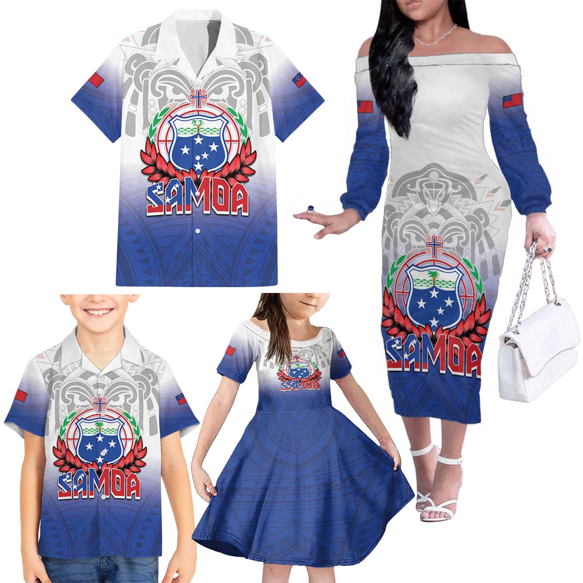 Custom Samoa Rugby 2024 Pacific Family Matching Off The Shoulder Long Sleeve Dress and Hawaiian Shirt Go Manu Samoa LT05 - Polynesian Pride