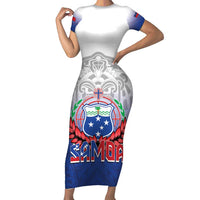 Custom Samoa Rugby 2024 Pacific Family Matching Short Sleeve Bodycon Dress and Hawaiian Shirt Go Manu Samoa LT05 Mom's Dress Blue - Polynesian Pride