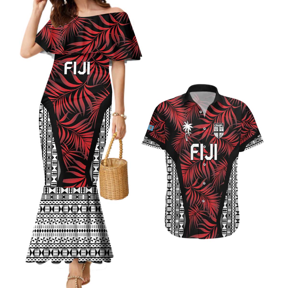 Custom Flying Fijians Rugby 2024 Pacific Couples Matching Mermaid Dress and Hawaiian Shirt Go Fiji LT05 Black - Polynesian Pride