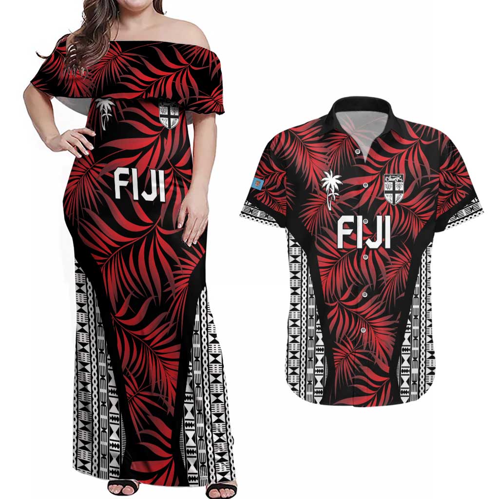Custom Flying Fijians Rugby 2024 Pacific Couples Matching Off Shoulder Maxi Dress and Hawaiian Shirt Go Fiji LT05 Black - Polynesian Pride