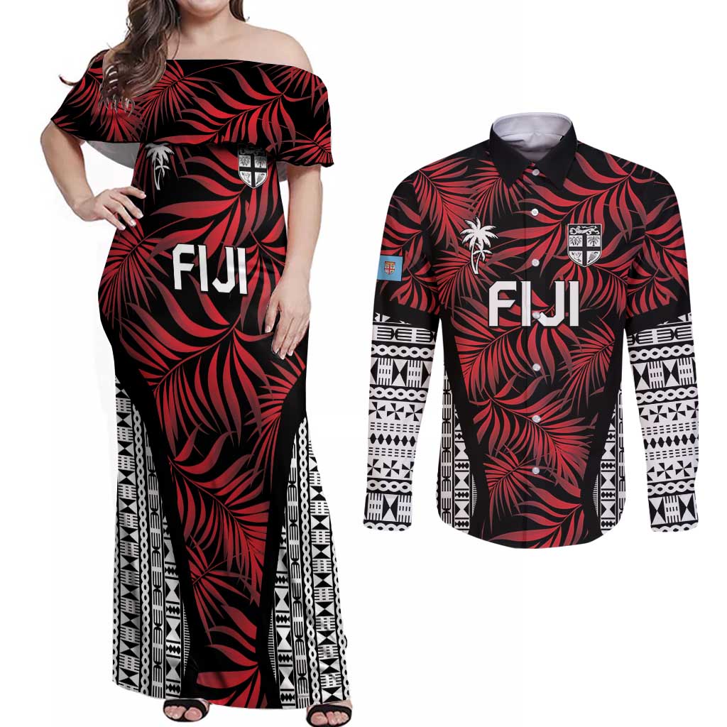 Custom Flying Fijians Rugby 2024 Pacific Couples Matching Off Shoulder Maxi Dress and Long Sleeve Button Shirt Go Fiji LT05 Black - Polynesian Pride