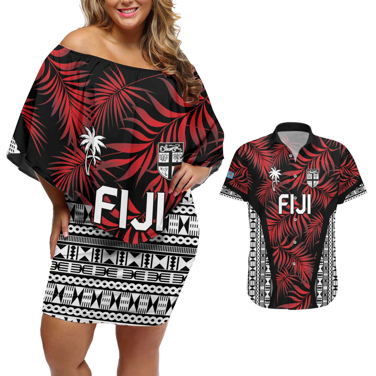 Custom Flying Fijians Rugby 2024 Pacific Couples Matching Off Shoulder Short Dress and Hawaiian Shirt Go Fiji LT05 Black - Polynesian Pride