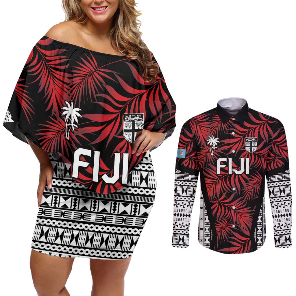 Custom Flying Fijians Rugby 2024 Pacific Couples Matching Off Shoulder Short Dress and Long Sleeve Button Shirt Go Fiji LT05 Black - Polynesian Pride
