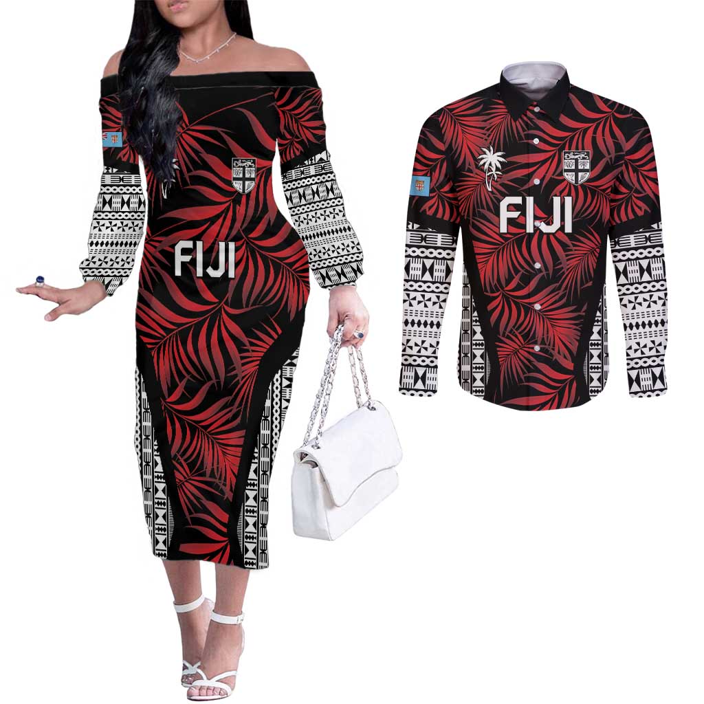 Custom Flying Fijians Rugby 2024 Pacific Couples Matching Off The Shoulder Long Sleeve Dress and Long Sleeve Button Shirt Go Fiji LT05 Black - Polynesian Pride