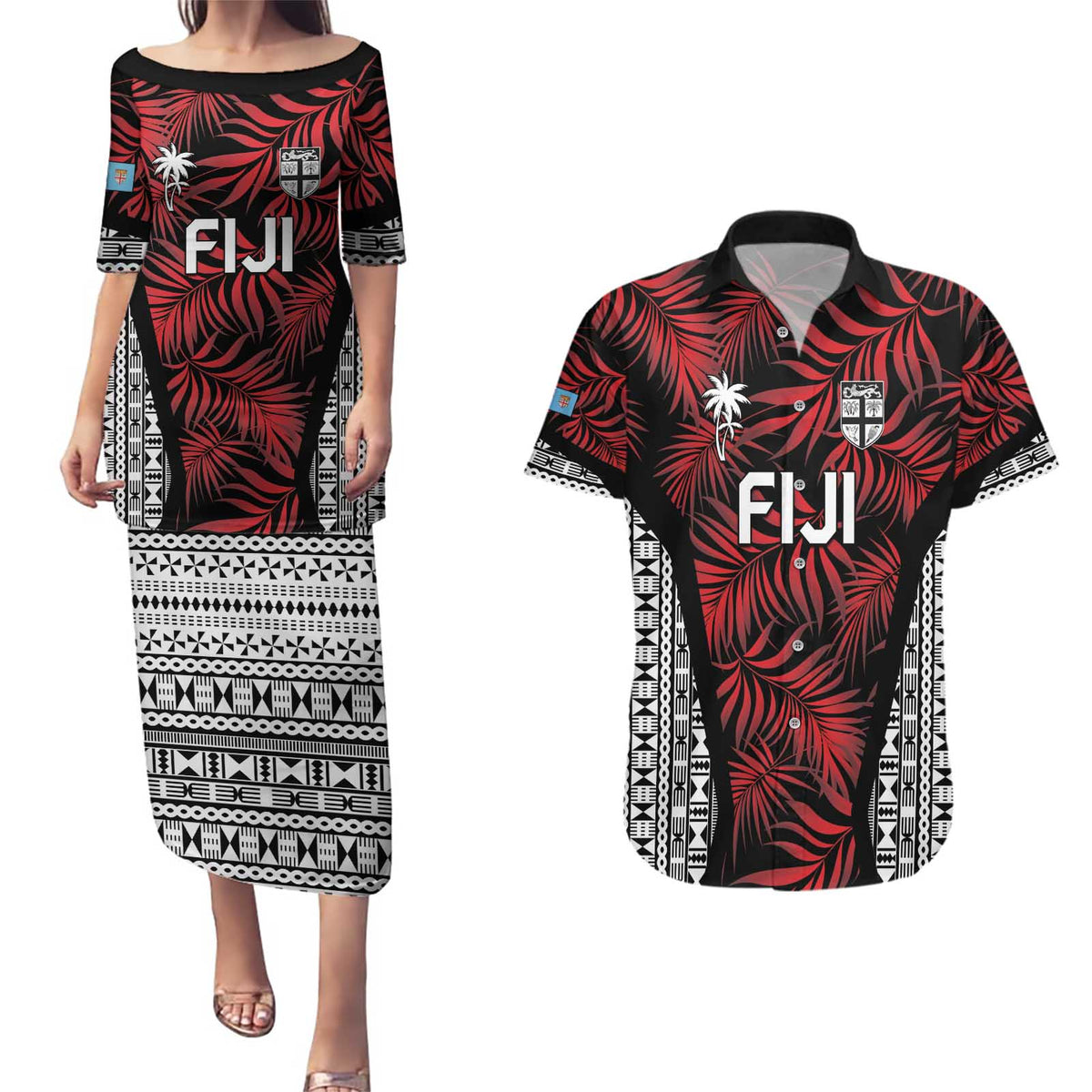 Custom Flying Fijians Rugby 2024 Pacific Couples Matching Puletasi and Hawaiian Shirt Go Fiji LT05 Black - Polynesian Pride