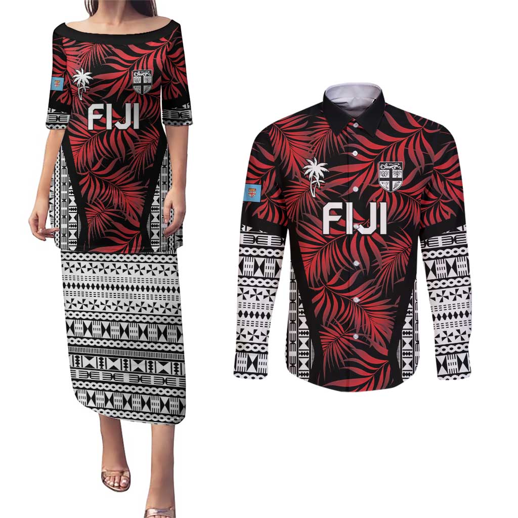 Custom Flying Fijians Rugby 2024 Pacific Couples Matching Puletasi and Long Sleeve Button Shirt Go Fiji LT05 Black - Polynesian Pride