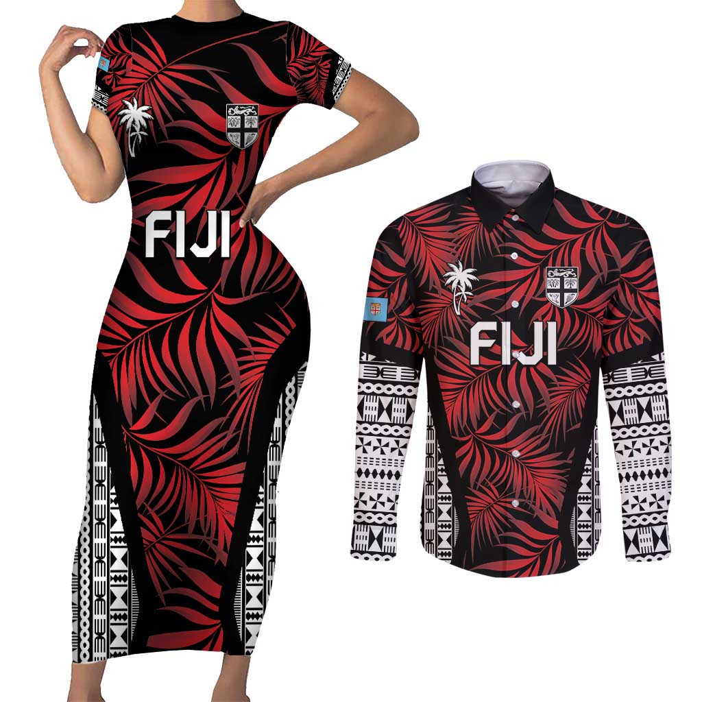 Custom Flying Fijians Rugby 2024 Pacific Couples Matching Short Sleeve Bodycon Dress and Long Sleeve Button Shirt Go Fiji LT05 Black - Polynesian Pride