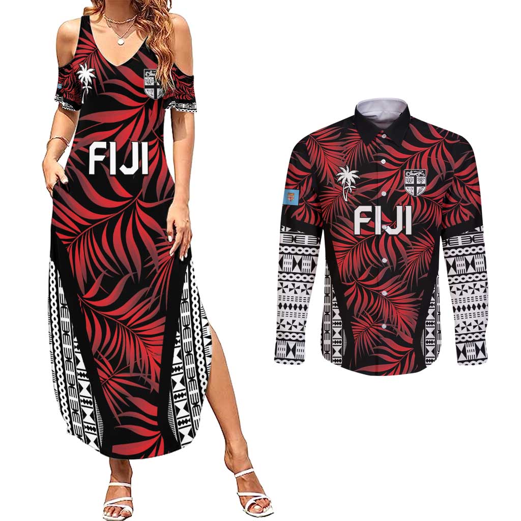 Custom Flying Fijians Rugby 2024 Pacific Couples Matching Summer Maxi Dress and Long Sleeve Button Shirt Go Fiji LT05 Black - Polynesian Pride