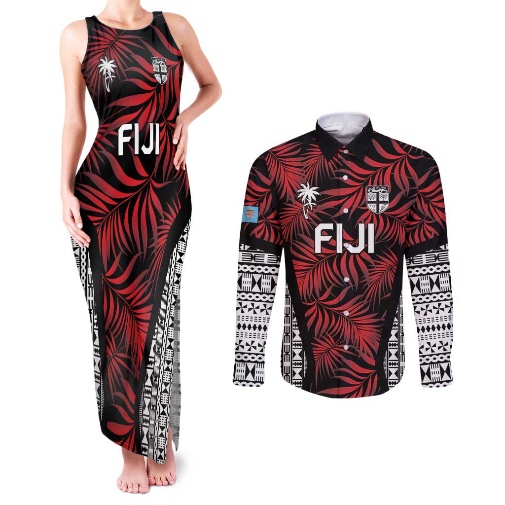 Custom Flying Fijians Rugby 2024 Pacific Couples Matching Tank Maxi Dress and Long Sleeve Button Shirt Go Fiji LT05 Black - Polynesian Pride