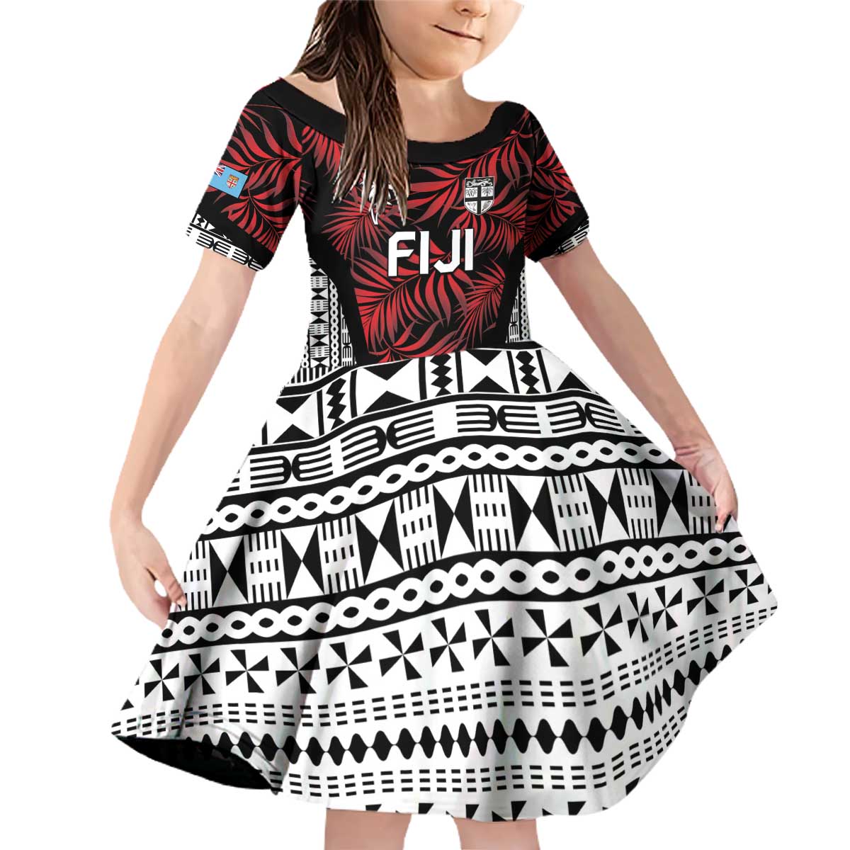Custom Flying Fijians Rugby 2024 Pacific Family Matching Off Shoulder Short Dress and Hawaiian Shirt Go Fiji LT05 Daughter's Dress Black - Polynesian Pride