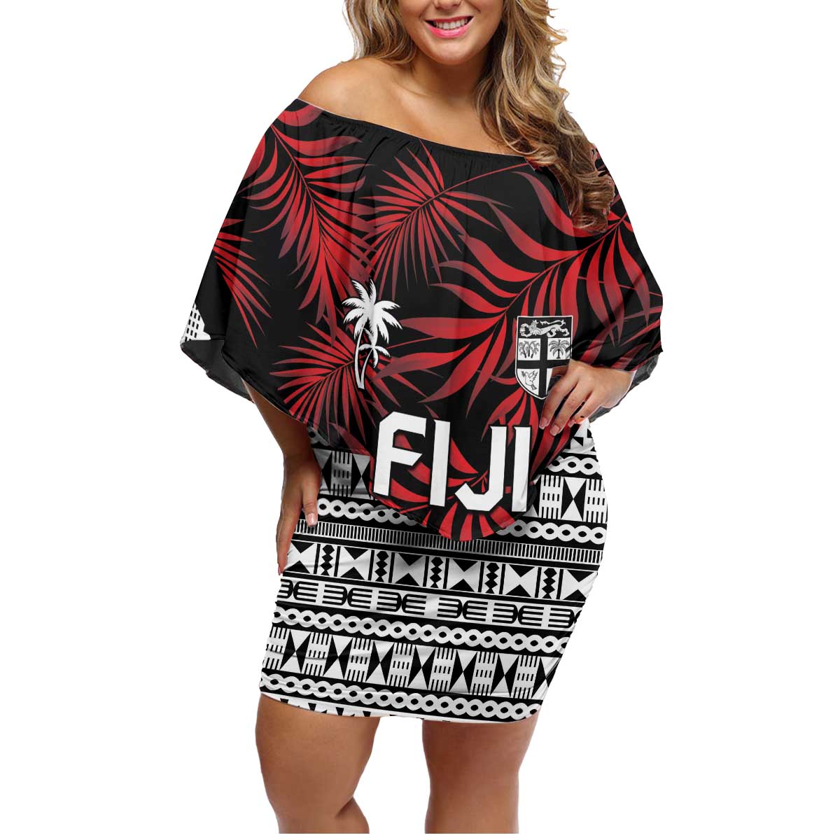 Custom Flying Fijians Rugby 2024 Pacific Family Matching Off Shoulder Short Dress and Hawaiian Shirt Go Fiji LT05 Mom's Dress Black - Polynesian Pride