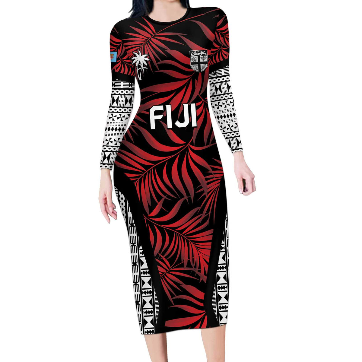 Custom Flying Fijians Rugby 2024 Pacific Long Sleeve Bodycon Dress Go Fiji LT05 Long Dress Black - Polynesian Pride
