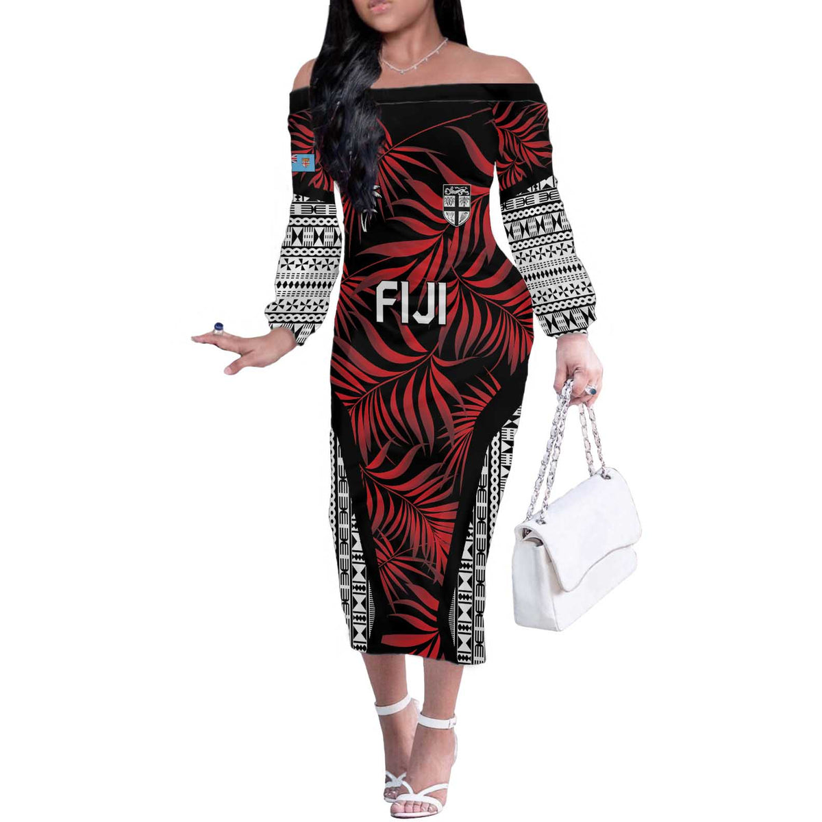 Custom Flying Fijians Rugby 2024 Pacific Off The Shoulder Long Sleeve Dress Go Fiji LT05 Women Black - Polynesian Pride