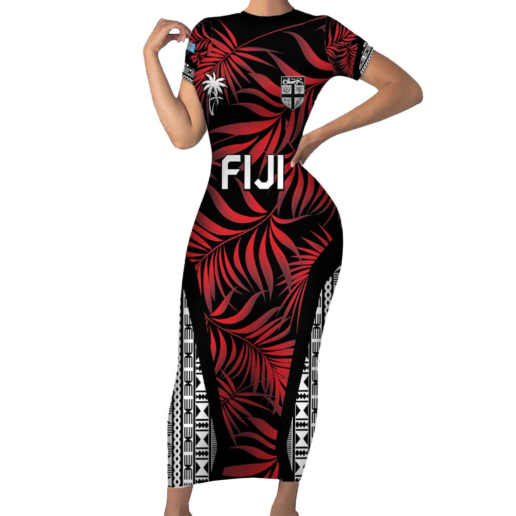 Custom Flying Fijians Rugby 2024 Pacific Short Sleeve Bodycon Dress Go Fiji LT05 Long Dress Black - Polynesian Pride