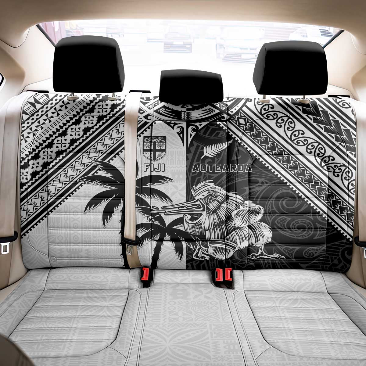New Zealand And Fiji Rugby 2024 Back Car Seat Cover Maori Kiwi With Fijian Palm Tree LT05 - Polynesian Pride