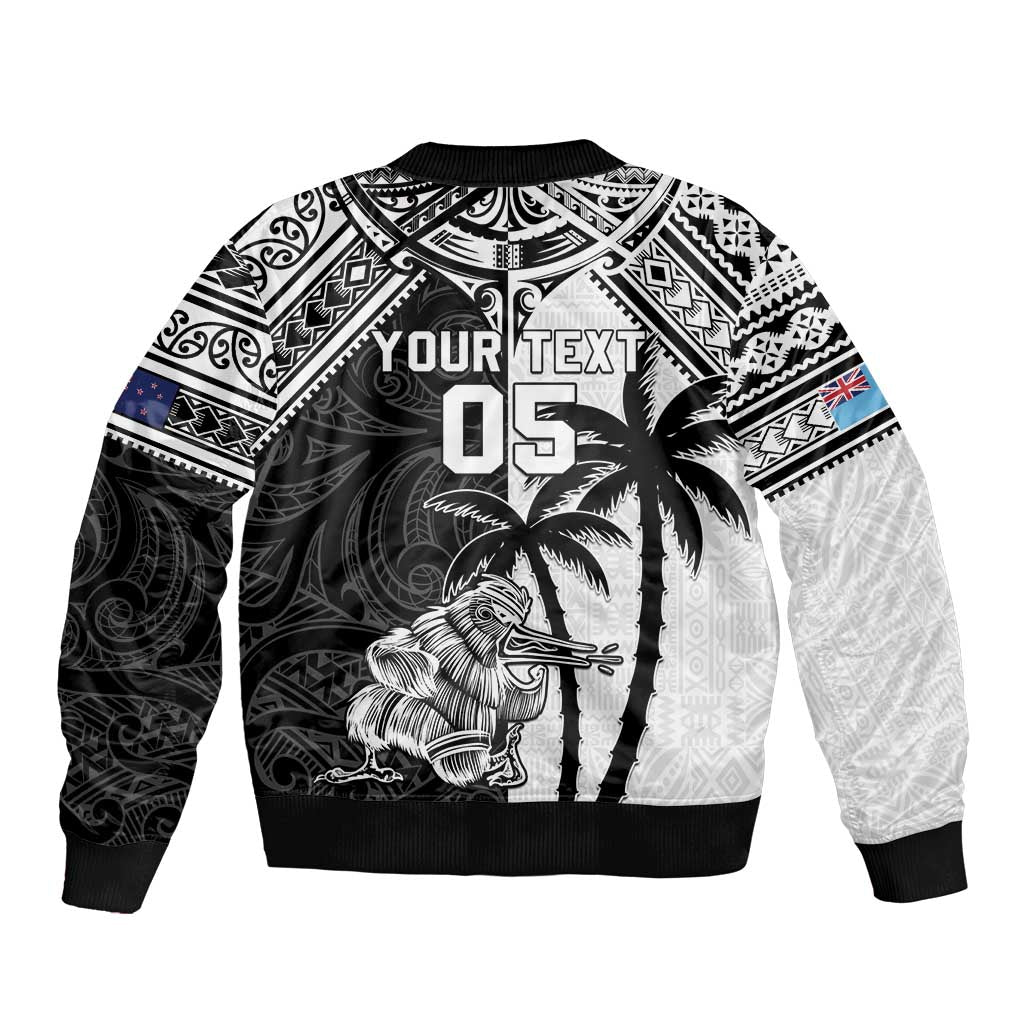 Custom New Zealand And Fiji Rugby 2024 Bomber Jacket Maori Kiwi With Fijian Palm Tree LT05 - Polynesian Pride