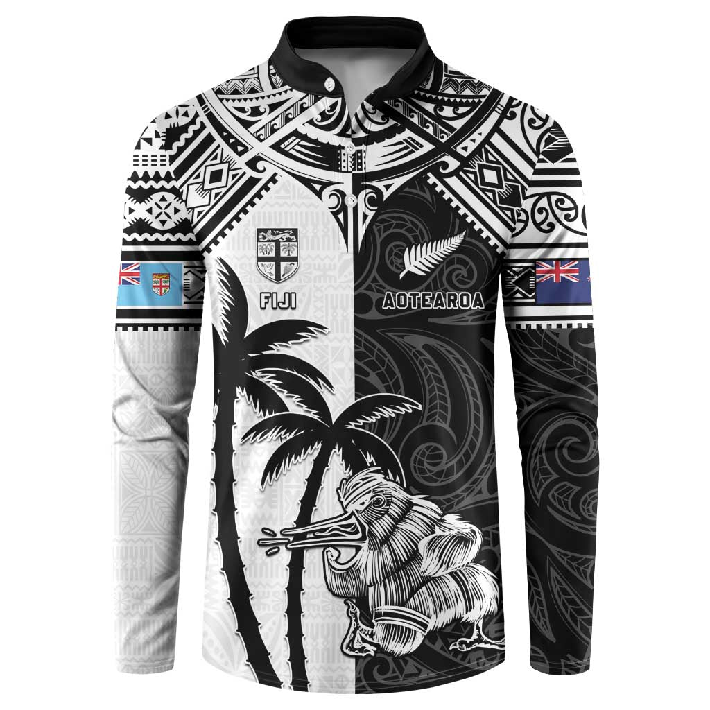 Custom New Zealand And Fiji Rugby 2024 Button Sweatshirt Maori Kiwi With Fijian Palm Tree LT05 Black - Polynesian Pride