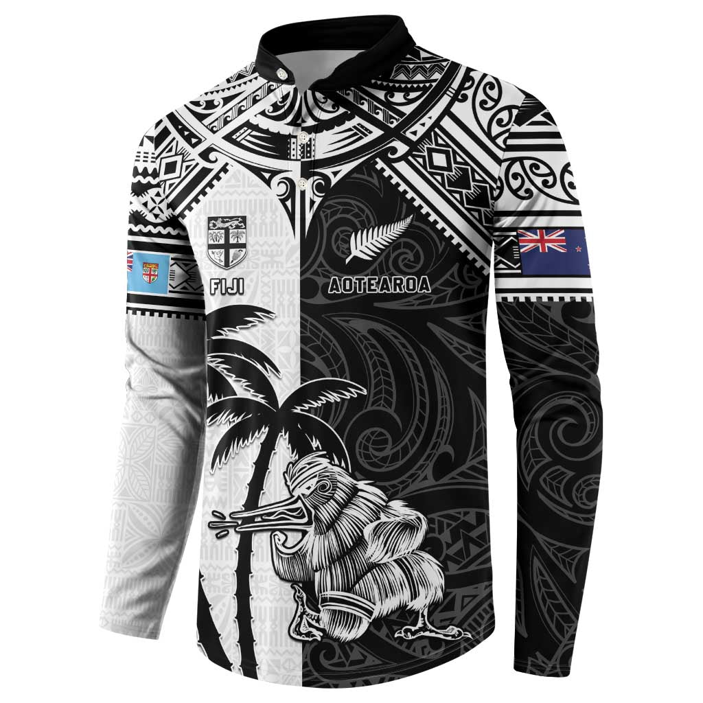 Custom New Zealand And Fiji Rugby 2024 Button Sweatshirt Maori Kiwi With Fijian Palm Tree LT05 - Polynesian Pride