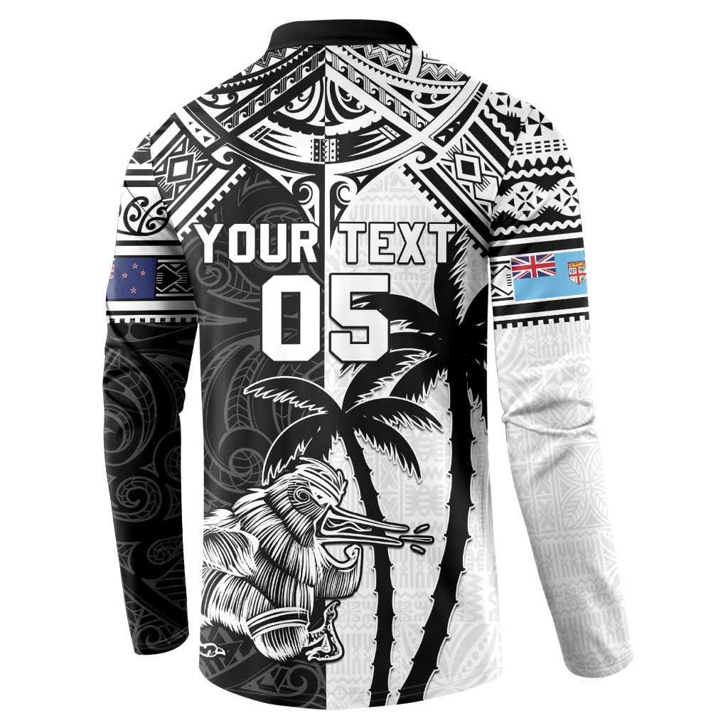 Custom New Zealand And Fiji Rugby 2024 Button Sweatshirt Maori Kiwi With Fijian Palm Tree LT05 - Polynesian Pride