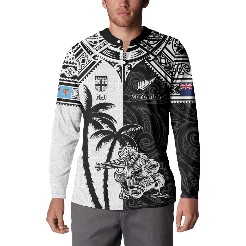 Custom New Zealand And Fiji Rugby 2024 Button Sweatshirt Maori Kiwi With Fijian Palm Tree LT05 - Polynesian Pride