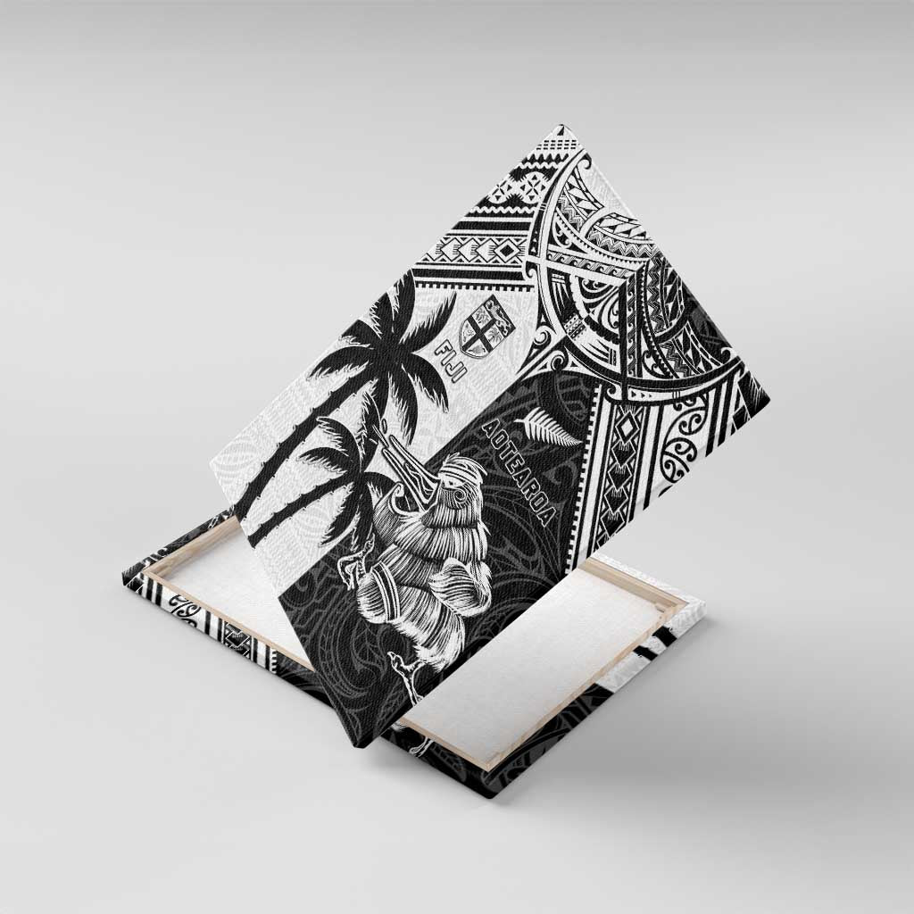 New Zealand And Fiji Rugby 2024 Canvas Wall Art Maori Kiwi With Fijian Palm Tree LT05 With Frame Black - Polynesian Pride