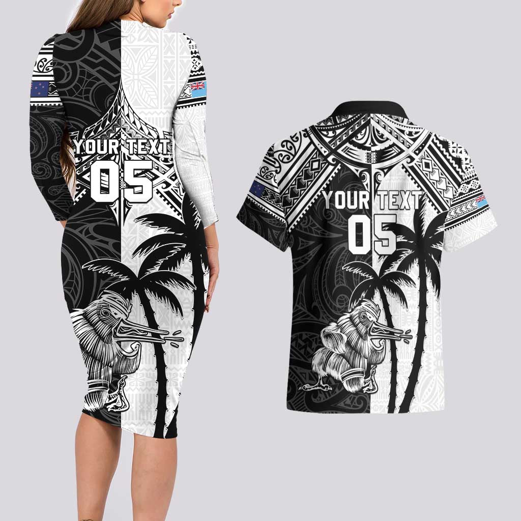 Custom New Zealand And Fiji Rugby 2024 Couples Matching Long Sleeve Bodycon Dress and Hawaiian Shirt Maori Kiwi With Fijian Palm Tree LT05 - Polynesian Pride
