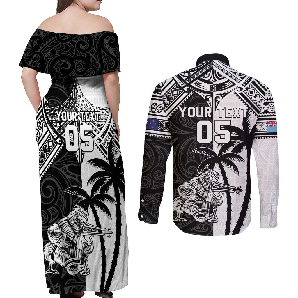 Custom New Zealand And Fiji Rugby 2024 Couples Matching Off Shoulder Maxi Dress and Long Sleeve Button Shirt Maori Kiwi With Fijian Palm Tree LT05 - Polynesian Pride