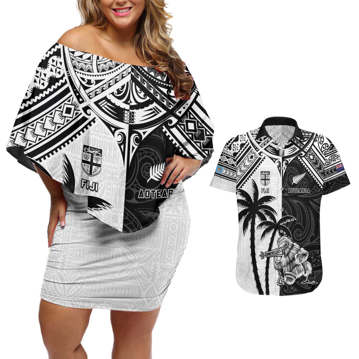 Custom New Zealand And Fiji Rugby 2024 Couples Matching Off Shoulder Short Dress and Hawaiian Shirt Maori Kiwi With Fijian Palm Tree LT05 Black - Polynesian Pride