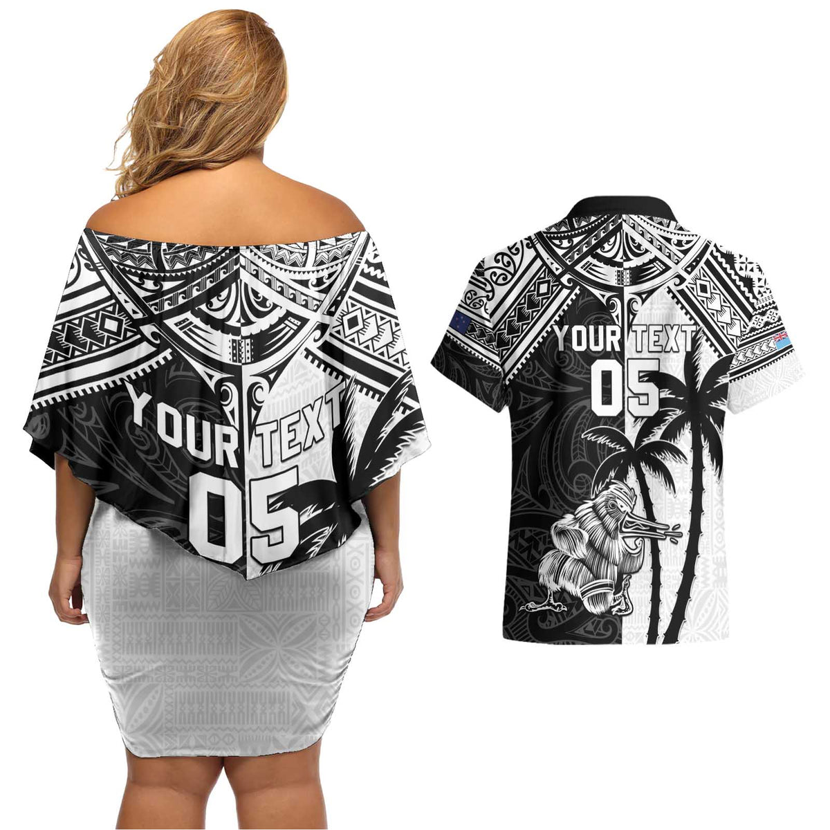 Custom New Zealand And Fiji Rugby 2024 Couples Matching Off Shoulder Short Dress and Hawaiian Shirt Maori Kiwi With Fijian Palm Tree LT05 - Polynesian Pride