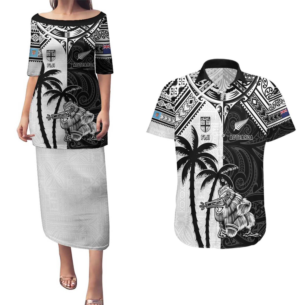 Custom New Zealand And Fiji Rugby 2024 Couples Matching Puletasi and Hawaiian Shirt Maori Kiwi With Fijian Palm Tree LT05 Black - Polynesian Pride