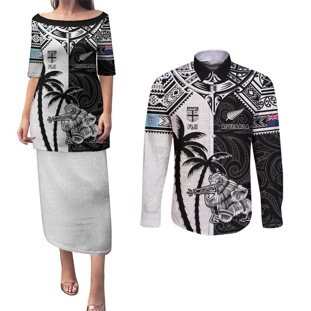 Custom New Zealand And Fiji Rugby 2024 Couples Matching Puletasi and Long Sleeve Button Shirt Maori Kiwi With Fijian Palm Tree LT05 Black - Polynesian Pride