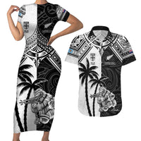 Custom New Zealand And Fiji Rugby 2024 Couples Matching Short Sleeve Bodycon Dress and Hawaiian Shirt Maori Kiwi With Fijian Palm Tree LT05 Black - Polynesian Pride